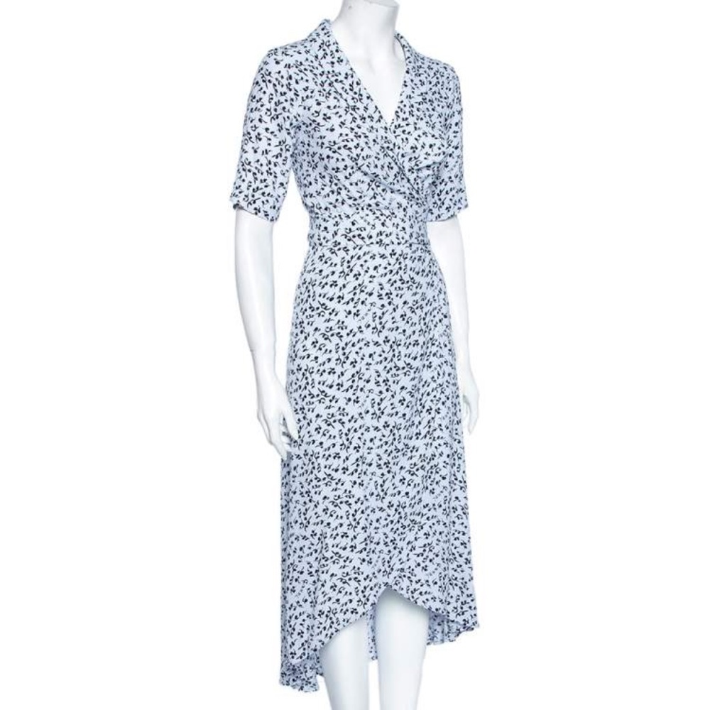 Ganni Blue Printed Crepe Wrap Dress in Medium